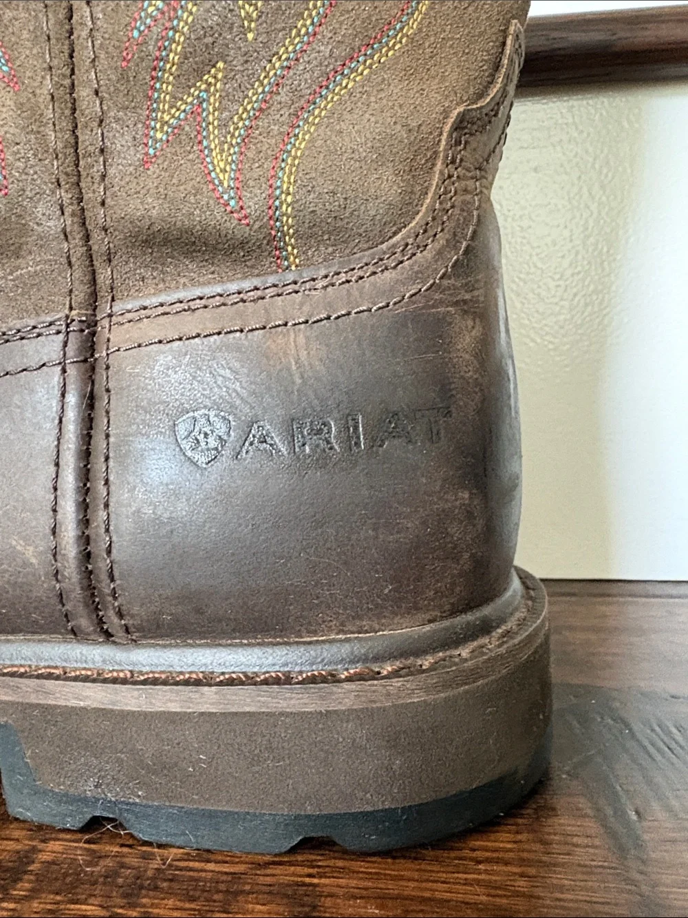 Ariat Brown Leather Western Work Boots with Multi-Color Stitching